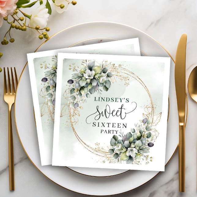 Servilleta De Papel Servilletas de fiesta de Dulces Dieciséis con acua (Dusty Green Watercolor Sweet Sixteen Party Napkins)