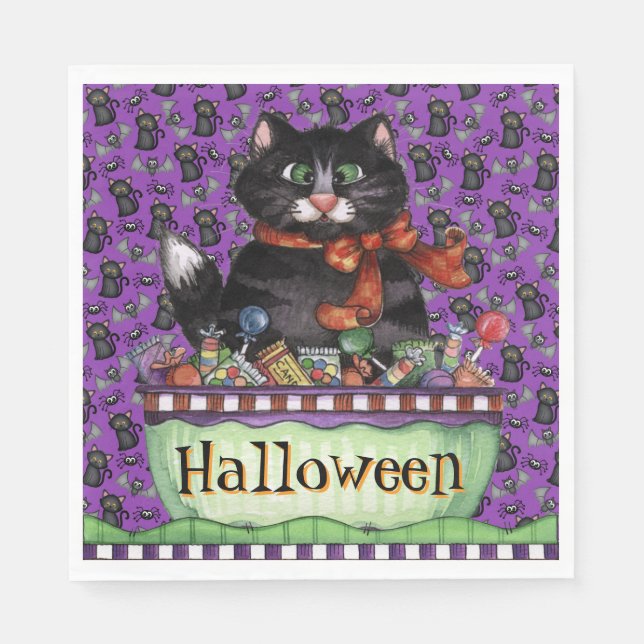 Servilleta De Papel Servilletas de gato felices de Halloween (Anverso)