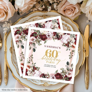 Servilleta De Papel Servilletas de lujo borgoña rosas doradas boho 60