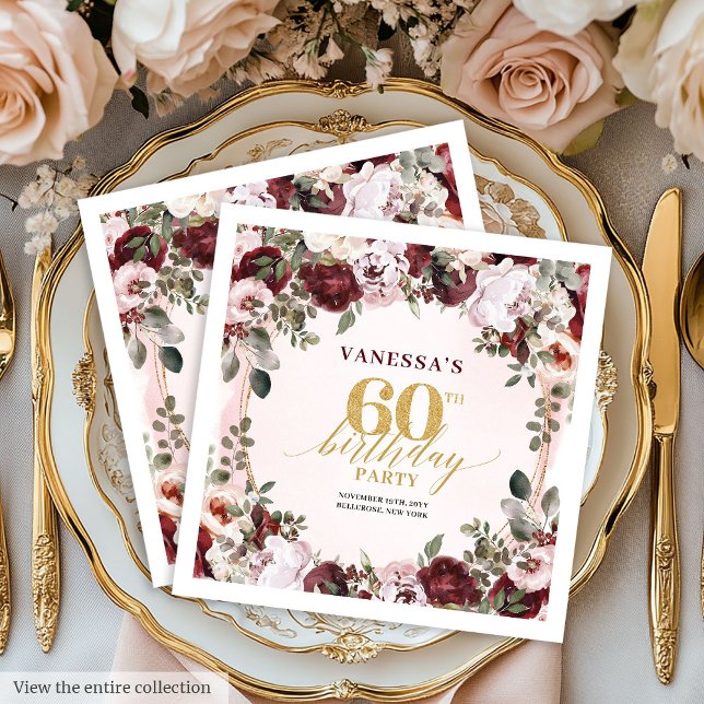 Servilleta De Papel Servilletas de lujo borgoña rosas doradas boho 60 (Luxury Burgundy Gold Roses Boho 60th Napkins)