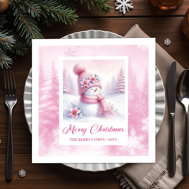 Servilleta De Papel Servilletas de Navidad con escena de muñeco de nie (Pink Snowman Christmas Scene Napkins Winter Forest)