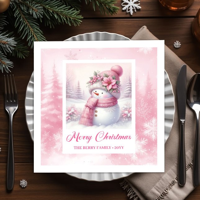 Servilleta De Papel Servilletas de Navidad con escena de muñeco de nie (Pretty Pink Snowman Christmas Scene Napkins Kids Holiday)