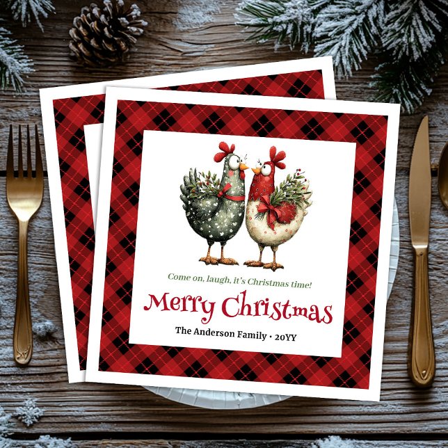 Servilleta De Papel Servilletas de Navidad con gallinas caprichosas y  (Whimsical chickens Christmas napkins editable name)