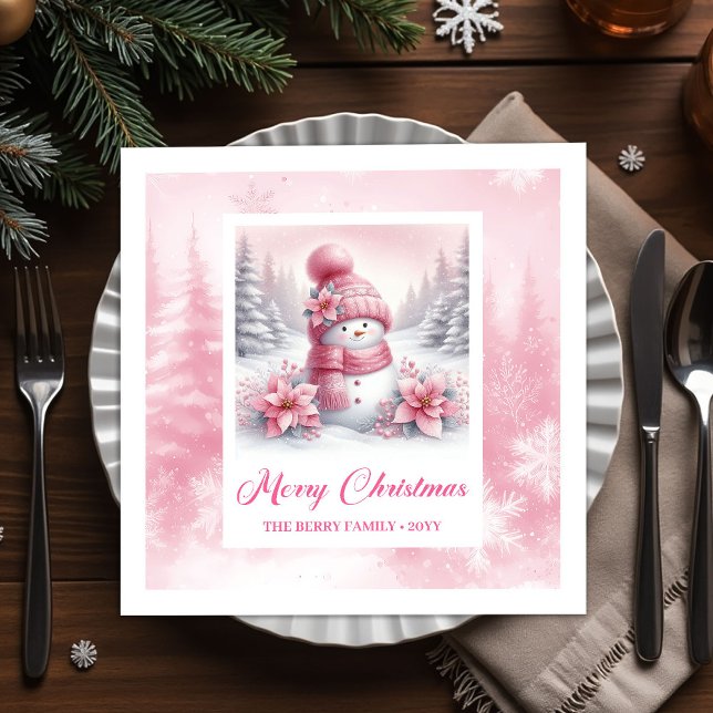 Servilleta De Papel Servilletas de Navidad del Bosque Invernal con Muñ (Cozy Pink Snowman Winter Forest Christmas Napkins for Kids)