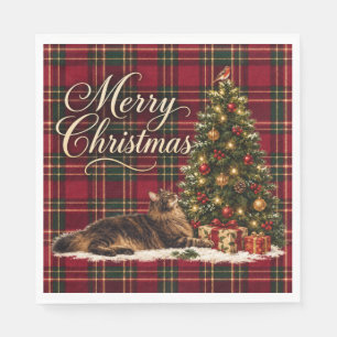 Servilleta De Papel Servilletas de Navidad Gato Rojo Tartán Feliz Navi