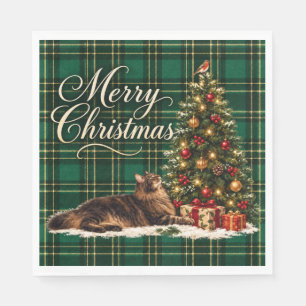 Servilleta De Papel Servilletas de Navidad Gato Verde Tartán Feliz Nav