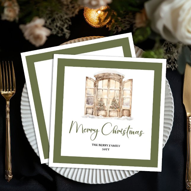 Servilleta De Papel Servilletas de Navidad personalizadas con puerta v (Earthy Green Christmas Door Personalized Napkins)