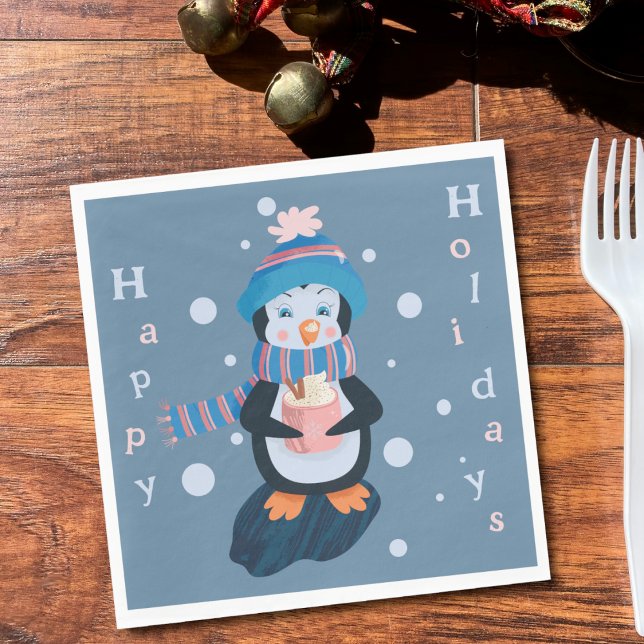 Servilleta De Papel Servilletas de papel de pingüino de dibujos animad (Cute cartoon penguin Holidays blue paper napkin . )