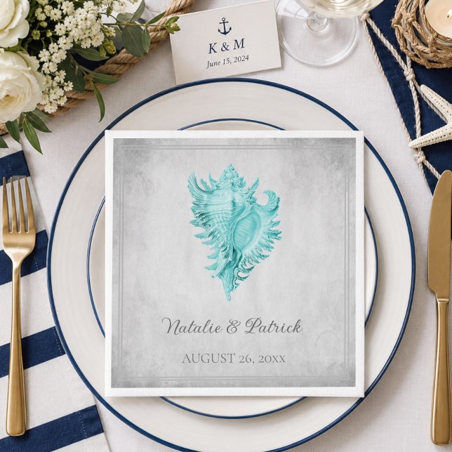 Servilleta De Papel Servilletas de papel para boda con concha de carac (Teal Conch Shell Wedding Paper Napkins)