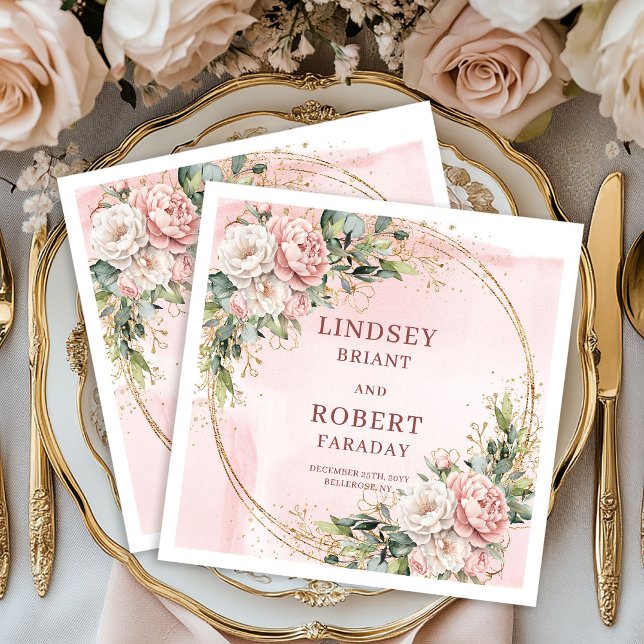 Servilleta De Papel Servilletas de papel para boda con flores rosadas  (Chic Blush Pink Floral Wedding Paper Napkins Set)
