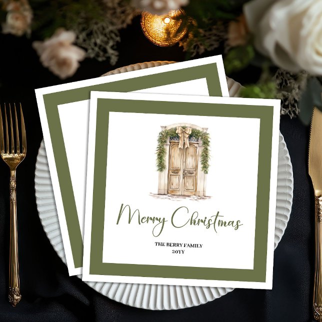 Servilleta De Papel Servilletas de puerta de Navidad con nombre de fam (Minimal Script Christmas Door Family Name Napkins)