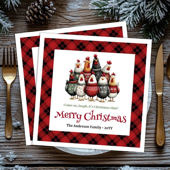 Servilleta De Papel Servilletas de vacaciones personalizadas con galli (Whimsical chickens holiday napkins custom name set)