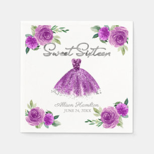 Servilleta De Papel Servilletas Dulces 16 Plata Vestido Púrpura Floral