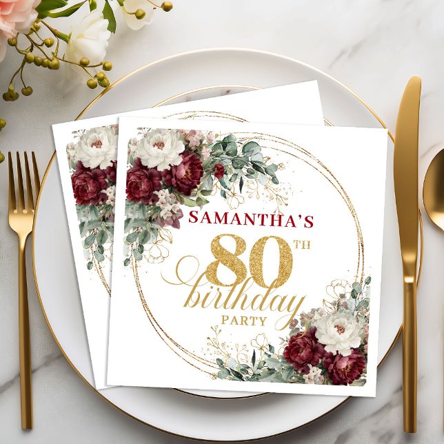 Servilleta De Papel Servilletas Elegantes Boho Marsala Floral Cumpleañ (Elegant Boho Marsala Floral 80th Birthday Napkins)