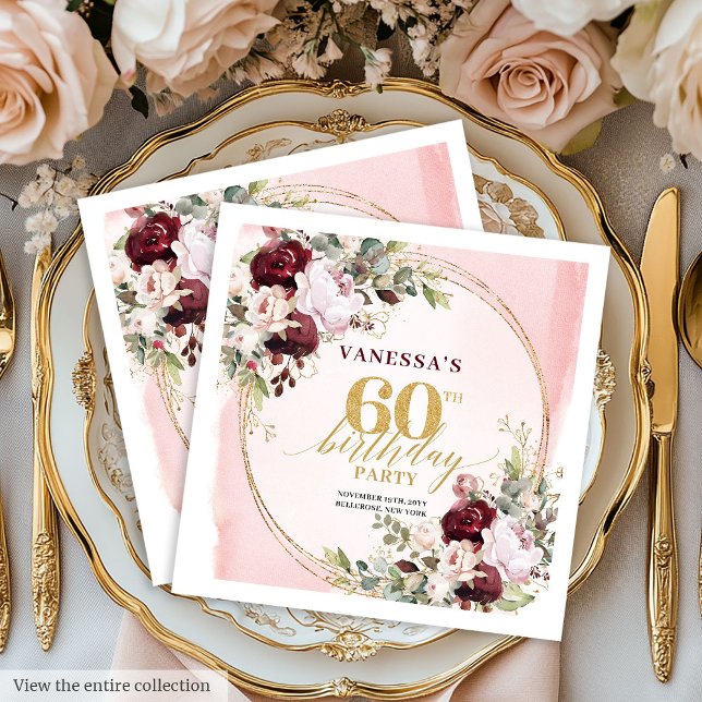 Servilleta De Papel Servilletas Elegantes Boho Rosas Burgundy Cumpleañ (Elegant Boho Burgundy Roses 60th Birthday Napkins

)