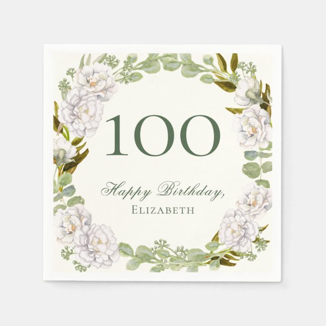 Servilleta De Papel Servilletas Elegantes de Cumpleaños 100 Marfil Flo (Anverso)