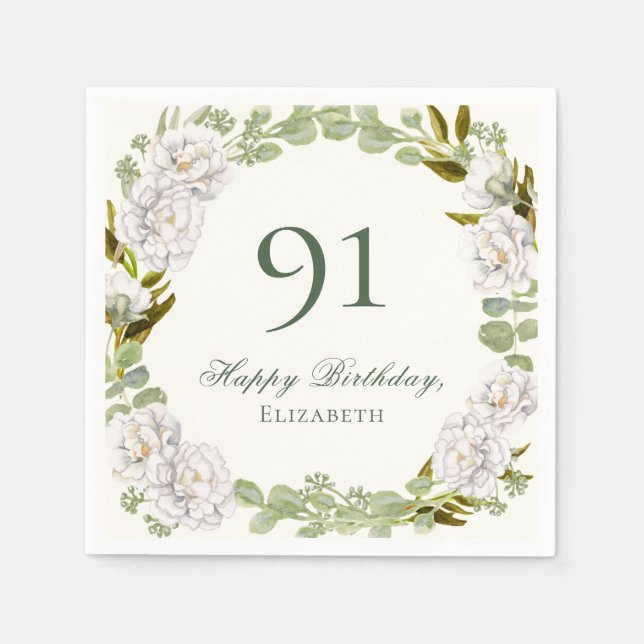 Servilleta De Papel Servilletas Elegantes de Cumpleaños 91 con Flores  (Anverso)