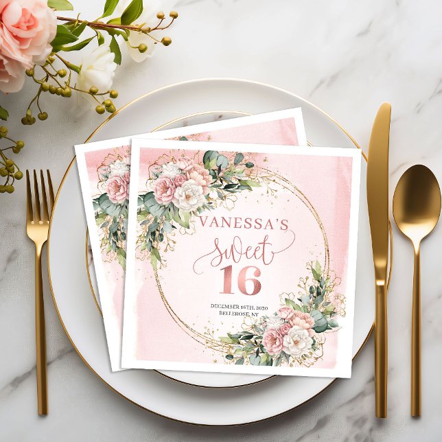 Servilleta De Papel Servilletas Elegantes de Cumpledieciséis con Flor  (Elegant dusty pink floral greenery design sweet sixteen napkins

)
