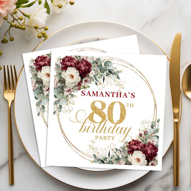 Servilleta De Papel Servilletas Florales de Cumpleaños 80 de hermoso c (Beautiful Burgundy Floral 80th Birthday Napkins)
