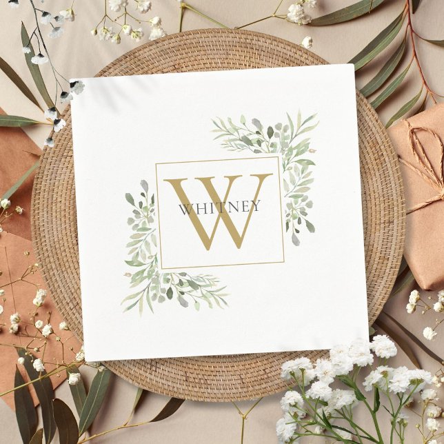 Servilleta De Papel Servilletas florales de monograma de verde moderno (Modern Gold Monogram Greenery Floral Napkins)