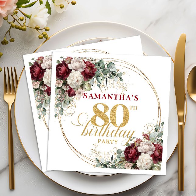 Servilleta De Papel Servilletas Florales Granate Boho para Cumpleaños  (Boho Maroon Floral Gold 80th Birthday Napkins)
