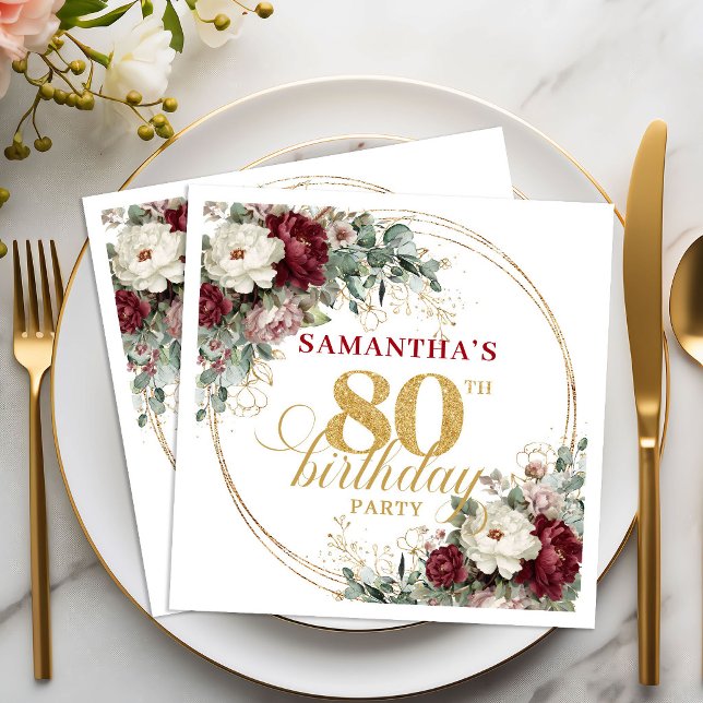 Servilleta De Papel Servilletas Florales Rojo Intenso Boho para Cumple (Boho Deep Red Floral 80th Birthday Napkins)