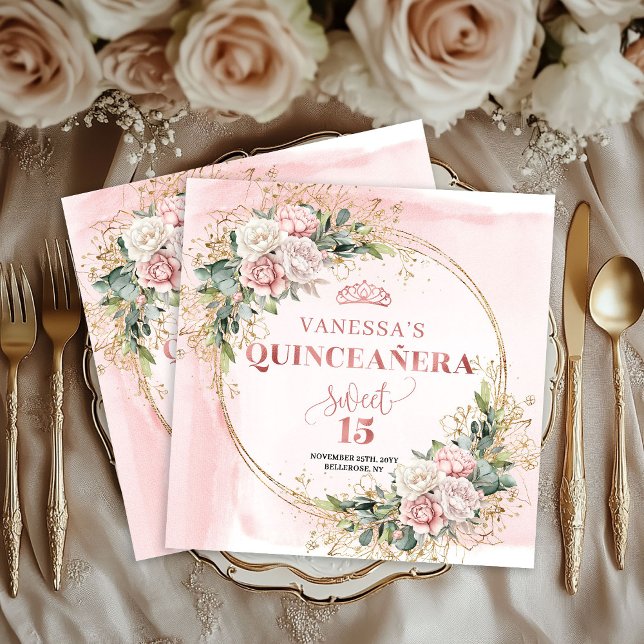 Servilleta De Papel Servilletas Mis Quince Rosa Dorado Flores Rubor (Blush Pink Rose Gold Flowers Mis Quince Napkins)