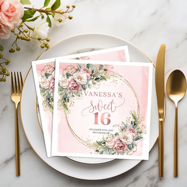 Servilleta De Papel Servilletas Modernas Boho Rosadas Verde Sweet 16 (Modern Boho Blush Pink Greenery Sweet Sixteen Napkins)