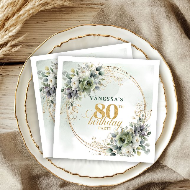 Servilleta De Papel Servilletas para cumpleaños 80 con delicado follaj (Graceful Dusty Green Foliage 80th Birthday Napkins)