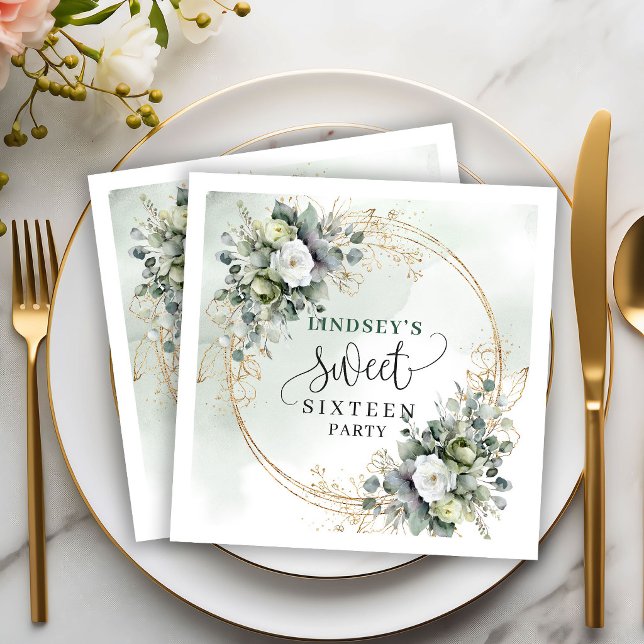 Servilleta De Papel Servilletas para fiesta de cumpleaños 16 en verde  (Sage Green Foliage 16th Birthday Party Napkins)