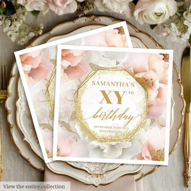 Servilleta De Papel Servilletas Personalizadas de Cumpleaños con Rubor (Gold Accents Blush Birthday Napkins Personalized)