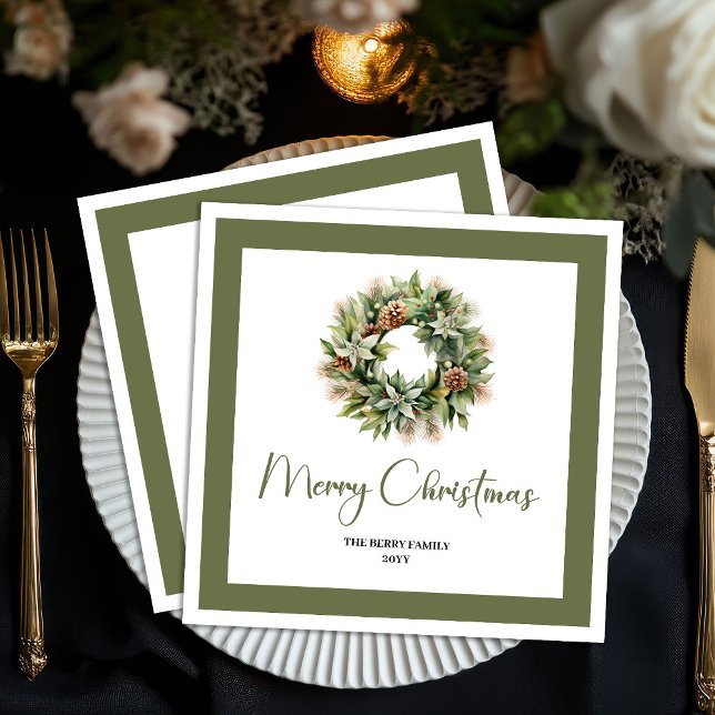 Servilleta De Papel Servilletas personalizadas de Navidad con corona d (Organic Earth Tone Christmas Wreath Custom Napkins)