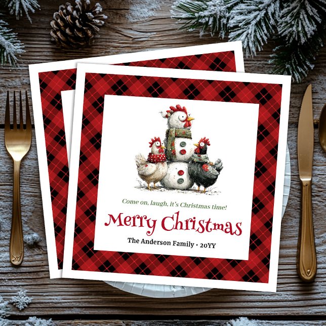 Servilleta De Papel Servilletas personalizadas de Navidad con pollos e (Quirky Christmas chickens napkins personalized set)