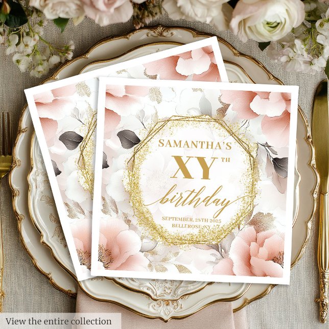 Servilleta De Papel Servilletas personalizadas para cumpleaños 80 Blus (Personalized Blush 80 Birthday Napkins Gold Script)