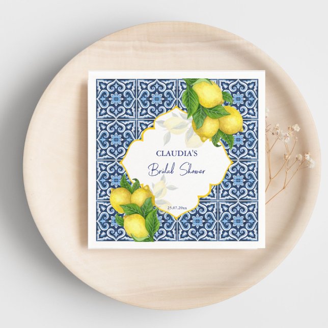 Servilleta De Papel Servilletas personalizadas para fiesta de soltera  (Blue tiles lemon Amalfi bridal shower party custom Napkins personalized tableware)