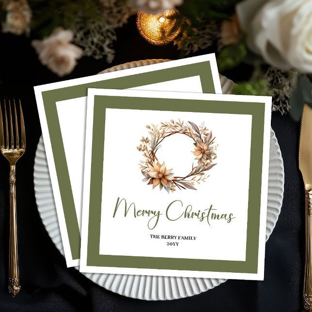 Servilleta De Papel Servilletas personalizadas para Navidad con corona (Calm Earthy Christmas Wreath Personalized Napkins)