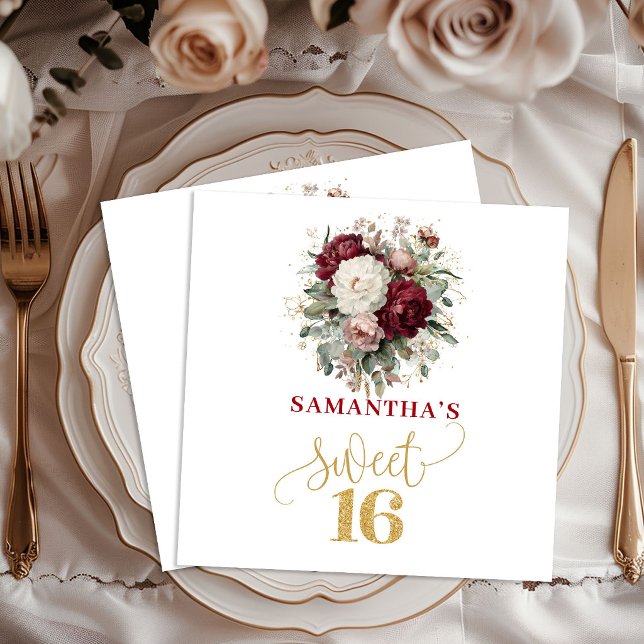 Servilleta De Papel Servilletas rústicas Sweet 16 Blush Burgundy Eucal (Rustic Sweet 16 Blush Burgundy Eucalyptus Napkins)