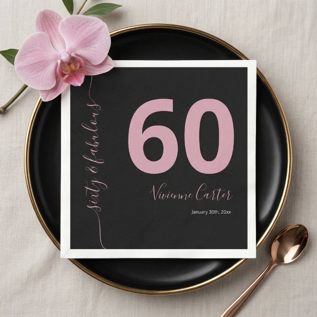 Servilleta De Papel Sesenta y Fabuloso Script Rosa Cumpleaños 60 Cumpl (Sixty and Fabulous Script Pink 60th Birthday Party Napkins)