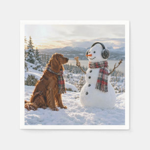 Servilleta De Papel Setter Irlandés mirando a un muñeco de nieve soste