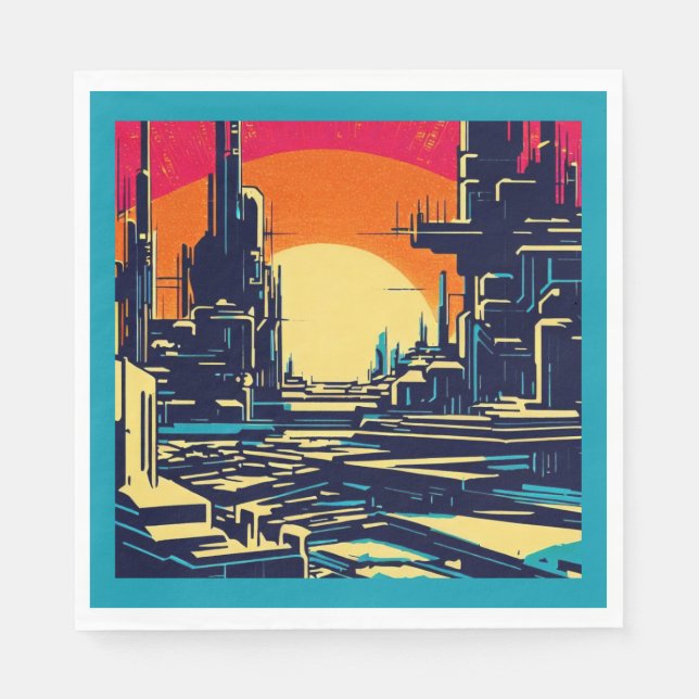 Servilleta De Papel SF Futurista City Woodcut 1 (Anverso)
