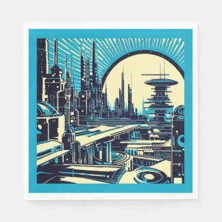 Servilleta De Papel SF Futurista City Woodcut 3