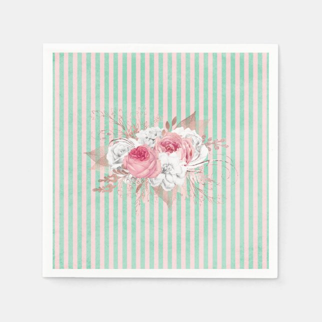 Servilleta De Papel Shabby Chic Pink Bouquet Stripes (Anverso)