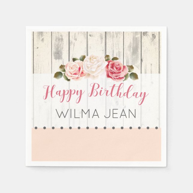 Servilleta De Papel Shabby Chic Rosas Personalizado Rustic Wood Cumple (Anverso)