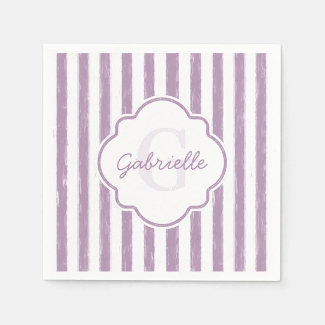 Servilleta De Papel Shabby Purple Pintado Stripes Monograma y nombre (Anverso)