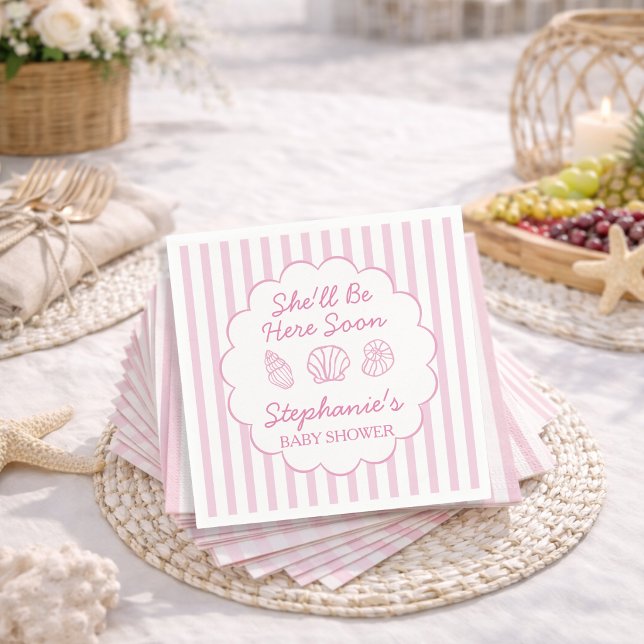 Servilleta De Papel She'll Be Here Soon Pink Sea Shells Baby Shower (Subido por el creador)
