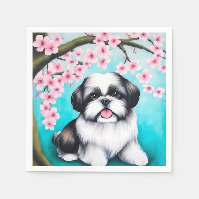 Servilleta De Papel Shih Tzu en flor de cerezo oriental (Anverso)