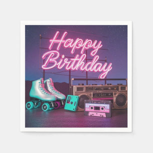 Servilleta De Papel Signo de cumpleaños feliz de neón retro en rosa y