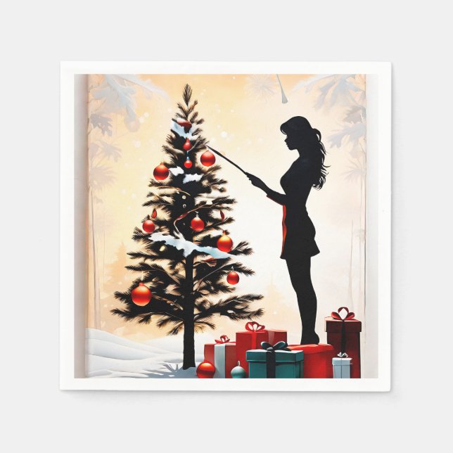 Servilleta De Papel Silhouette femenina con árbol de Navidad adornado (Anverso)