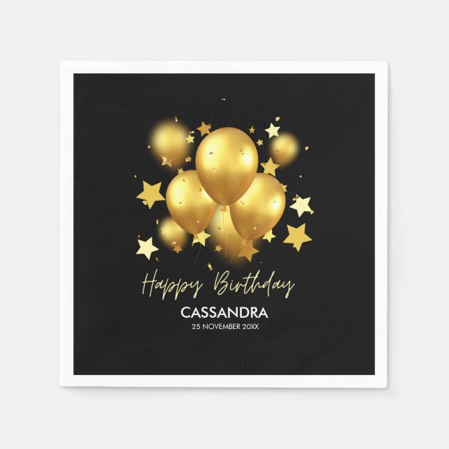 Servilleta De Papel Silky Golden Balloons Stars Black Birday (Anverso)