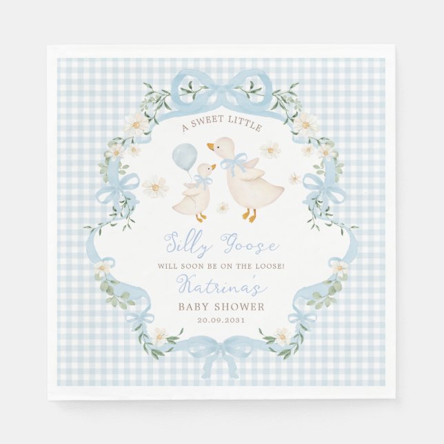 Servilleta De Papel Silly Goose Blue Bow Gingham Boy Baby Shower (Anverso)